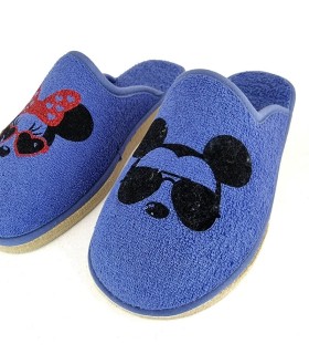 Zapatilla casa rizo azul Mickey y Minnie con gafas de mujer