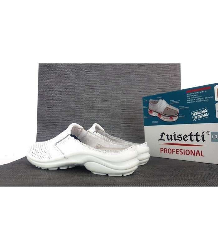 Zueco de piel para profesionales, enfermeras, cocineras, médicos, camareros de mujer en negro blanco de Luisetti para mujer