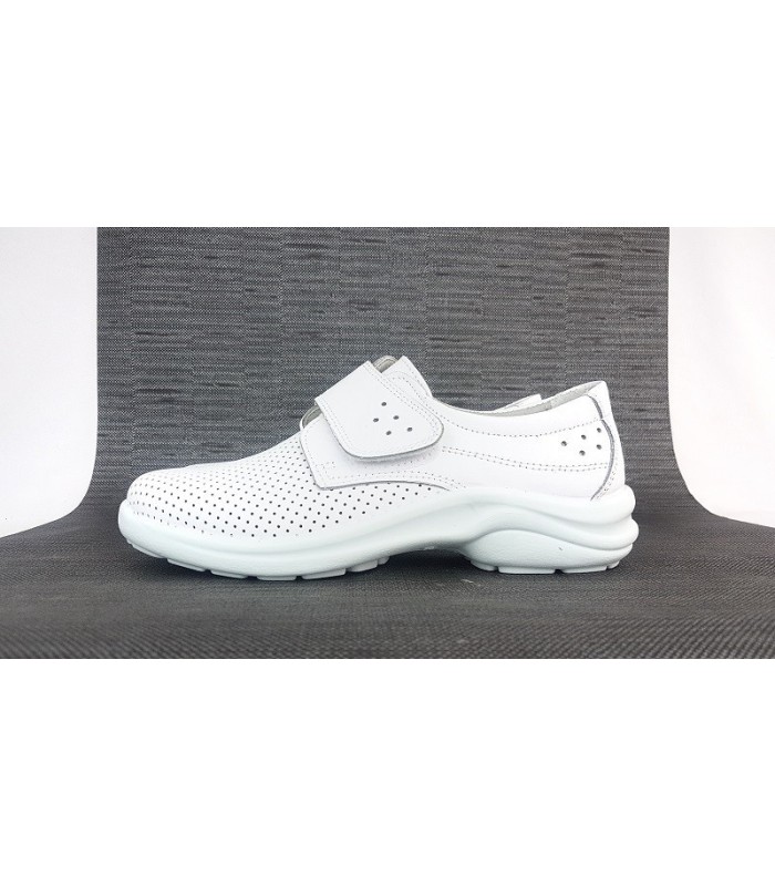 Zapatos sanitario mujer Luisetti en piel blanca con velcro - vista lateral completa