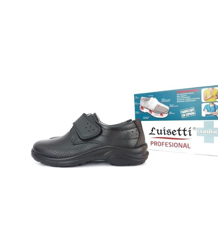Zapato sanitario mujer Luisetti en piel negra con velcro - vista lateral completa