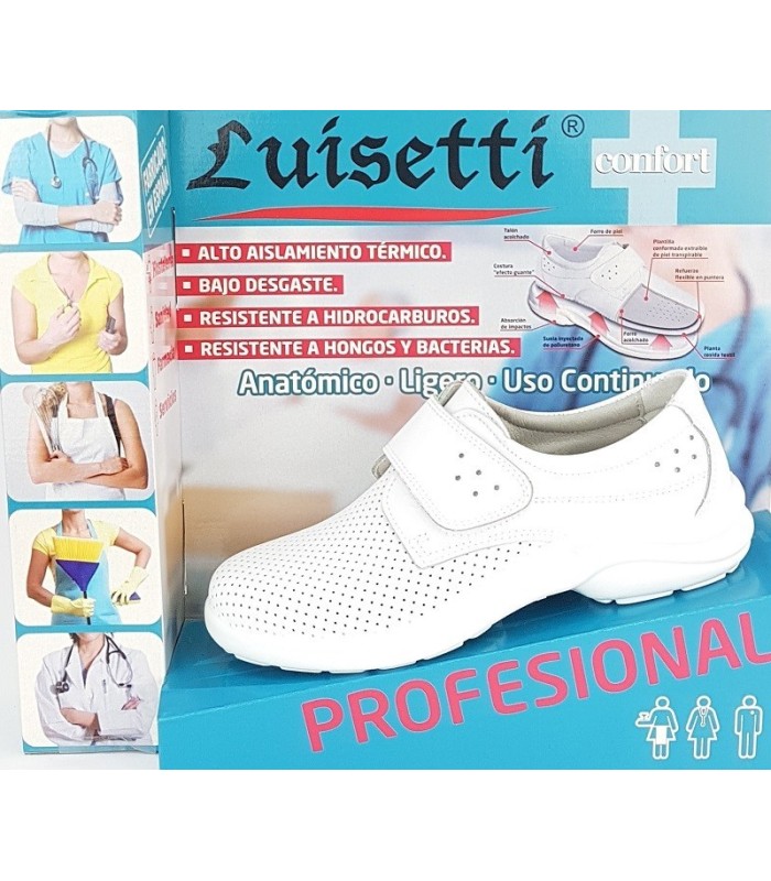 Zapato profesional sanitario de mujer con velcro en piel de Luisetti en color blanco