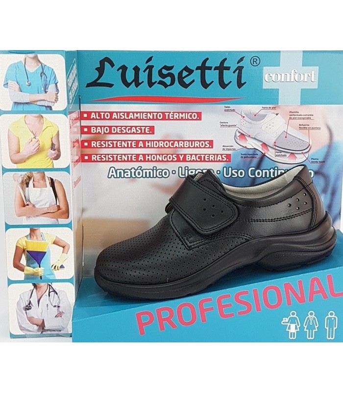Zapato profesional sanitario de mujer con velcro en piel de Luisetti en color negro