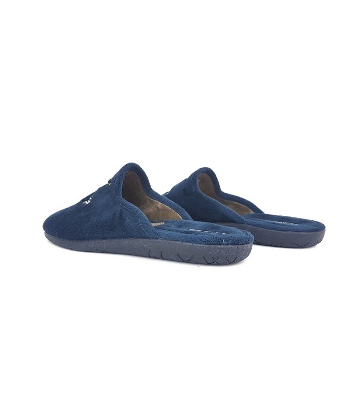 zapatillas de casa descalza en azul o gris  de hombre con mensaje el rey de la casa fabricado en España por vulcanizados Cabrera