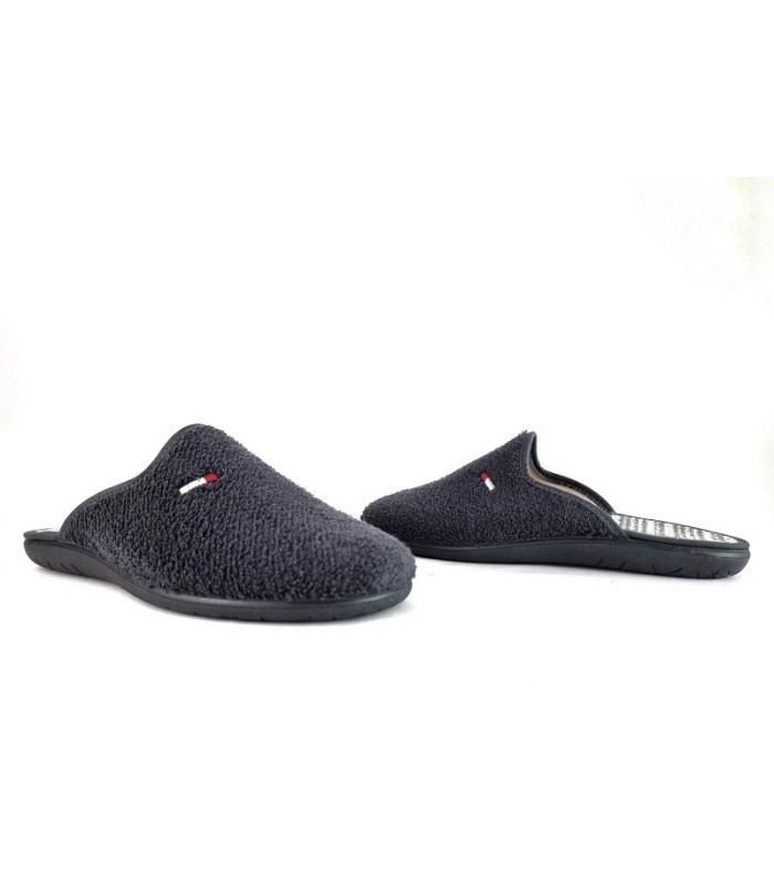 Zapatilla descalza hombre en tela rizo o toalla de Cabrera gris, vista de los dos perfiles