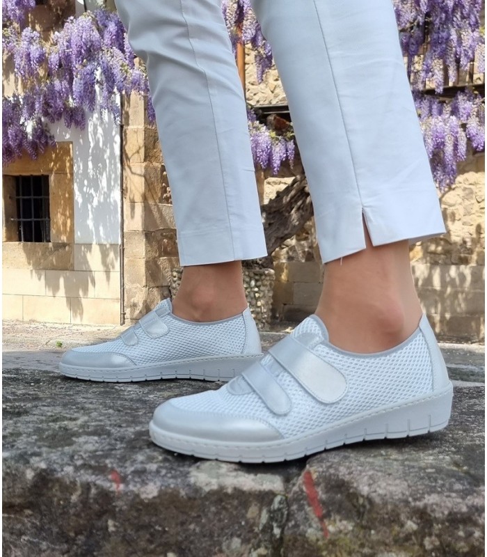 Zapato mujer piel plata malla blanca cuña plataforma de Notton