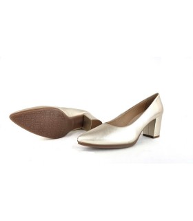 Zapato salón tacón medio piel dorado de Mimao, vista de suela de goma