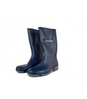 Vista de perfil de la bota de agua para mujer Dunlop en color azul, con suela antideslizante y diseño clásico hasta la rodilla.