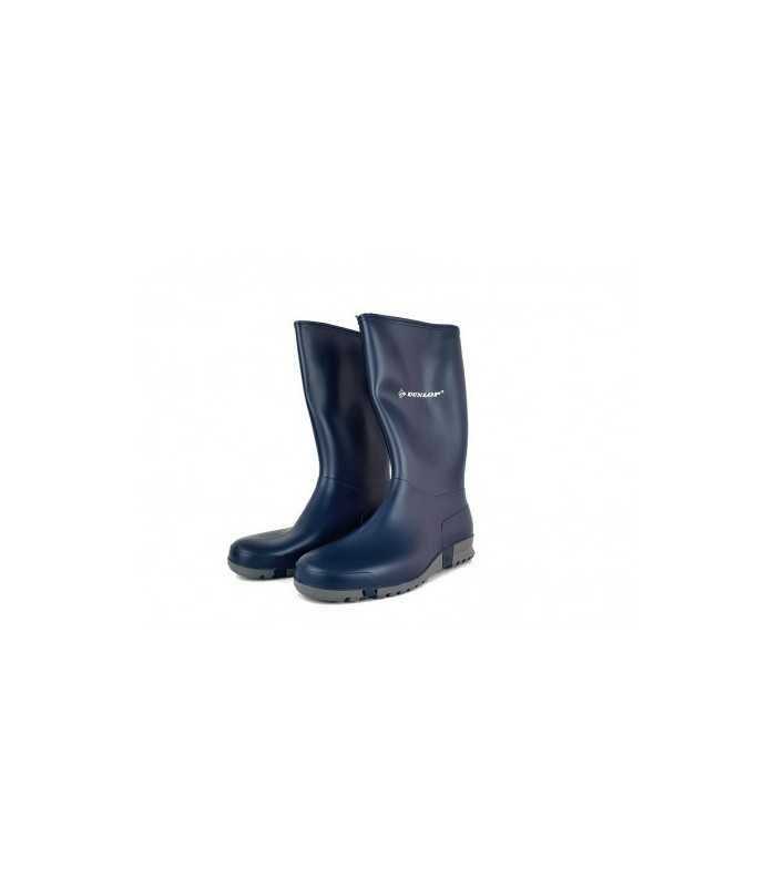 Vista de perfil de la bota de agua para mujer Dunlop en color azul, con suela antideslizante y diseño clásico hasta la rodilla.