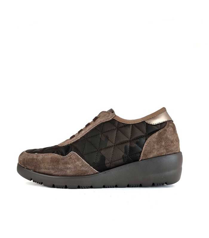 Zapatos mujer piso en cuña textil acolchado de Mysoft color marron, vsiat de perfil