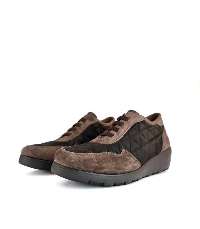 Zapatos mujer piso en cuña textil acolchado de Mysoft color marron, vista de medio perfil