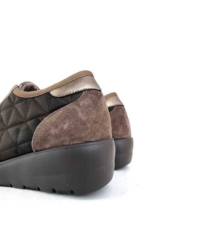 Zapato mujer piso en cuña textil acolchado de Mysoft color marron, vista del talón