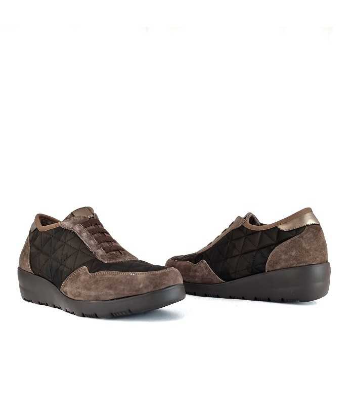 Zapato mujer piso en cuña textil acolchado de Mysoft color marron, vista de dos perfiles
