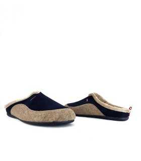 Zapatillas hombre casa descalza azul beige de Cabrera, vista de dos perfiles