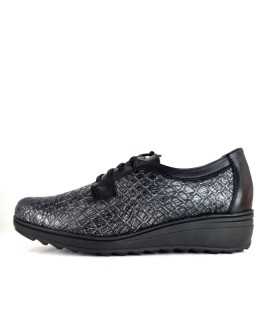 Zapatos horma ancha cuña negro-gris de salvatore Visenti para mujer con cordon elastico