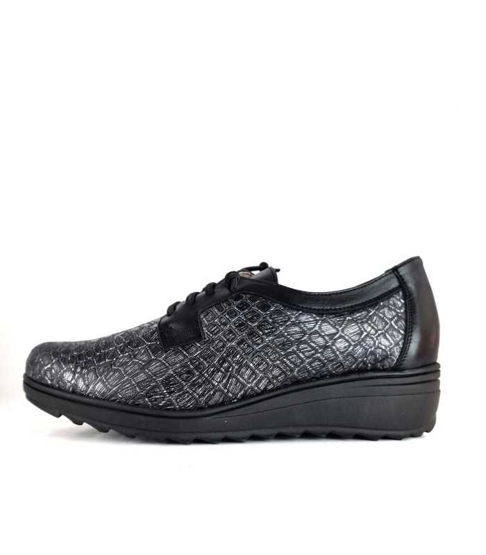 Zapatos horma ancha cuña negro-gris de salvatore Visenti para mujer con cordon elastico