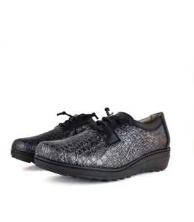 Zapato horma ancha cuña negro-gris de salvatore Visenti para mujer con cordon elastico