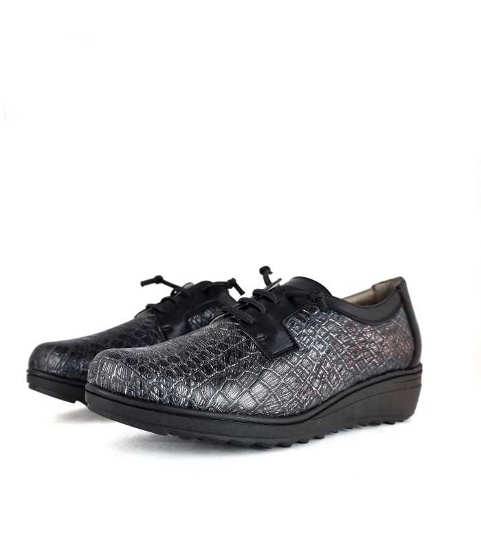 Zapato horma ancha cuña negro-gris de salvatore Visenti para mujer con cordon elastico