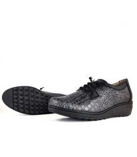 Zapatos horma ancha cuña negro-gris de salvatore Visenti para mujer con cordon elastico