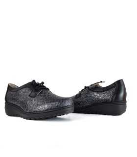 Zapatos horma ancha cuña negro-gris de salvatore Visenti para mujer con cordon elastico