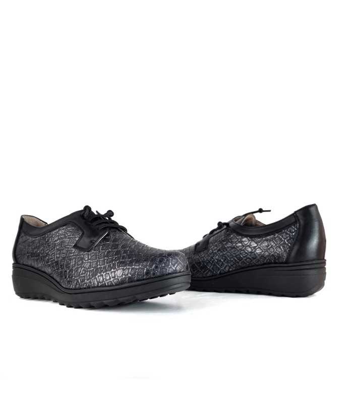 Zapatos horma ancha cuña negro-gris de salvatore Visenti para mujer con cordon elastico