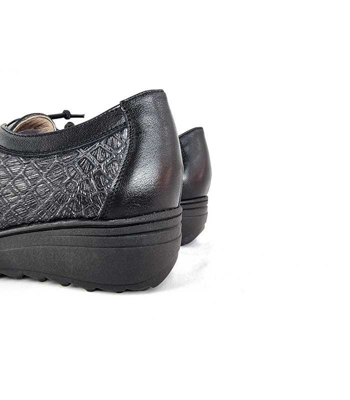 Zapato horma ancha cuña negro-gris de salvatore Visenti para mujer con cordon elastico