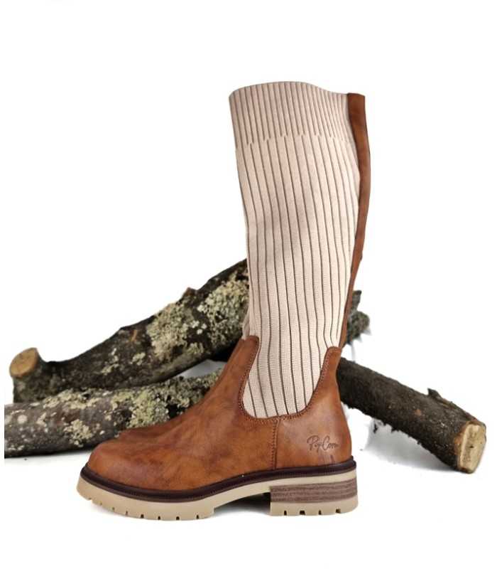 Bota mujer polipiel y punto gemelo amplio de Pop Corn camel