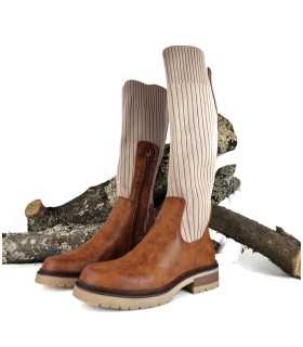 Botas mujer polipiel y punto gemelo amplio de Pop Corn camel