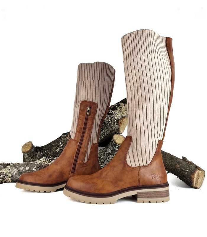 Bota mujer polipiel y punto gemelo amplio de Pop Corn camel