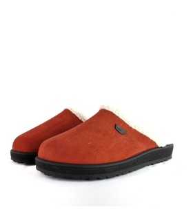 Zapatillas zueco naranja borreguito mujer de Plumaflex. Corte textil y forro de borreguito, vista medio perfil