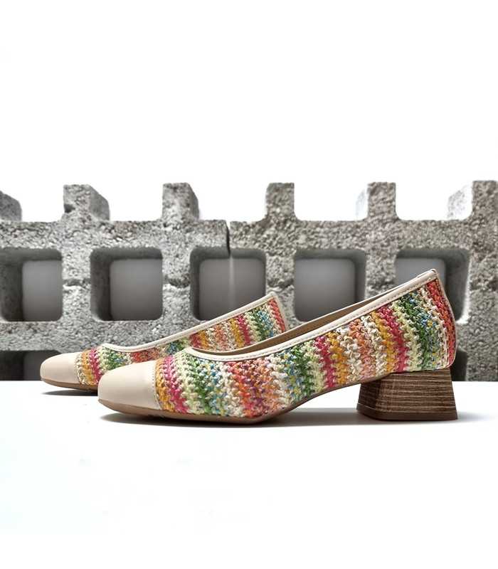 Zapatos salón rafia mujer, vista de dos perfiles.