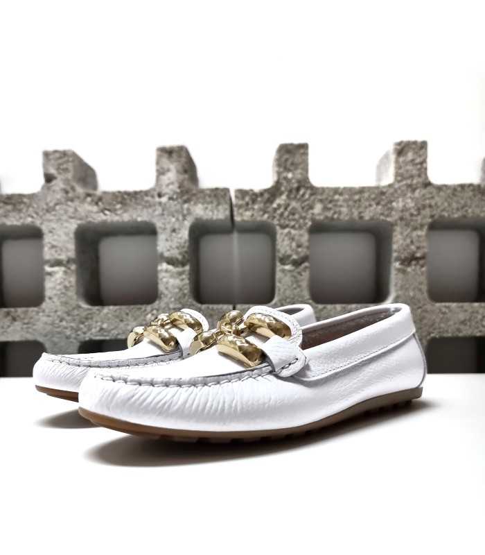 Zapato mocasin blanco hebilla dorada de DChicas para mujer con plantilla de gel