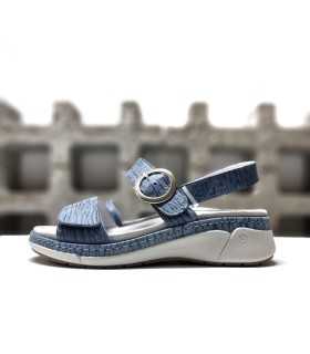 Sandalia mujer Ambar en piel azul de Suave by Leyland, con cuña cómoda.