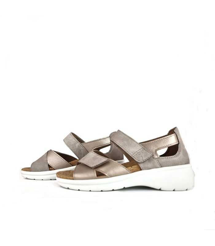 Sandalias con talón horma ancha pieles beige de Lumel, vista de dos perfiles