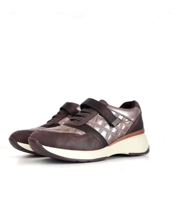 Foto del zapato en perfil : "Zapatos deportivos mujer Mysoft en marrón con cuña, mostrando combinación de texturas y tonalidades