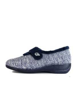 Vista lateral de la zapatillas de casa para mujer, mostrando el tejido de espiga en gris y azul, con cierre de velcro color azul