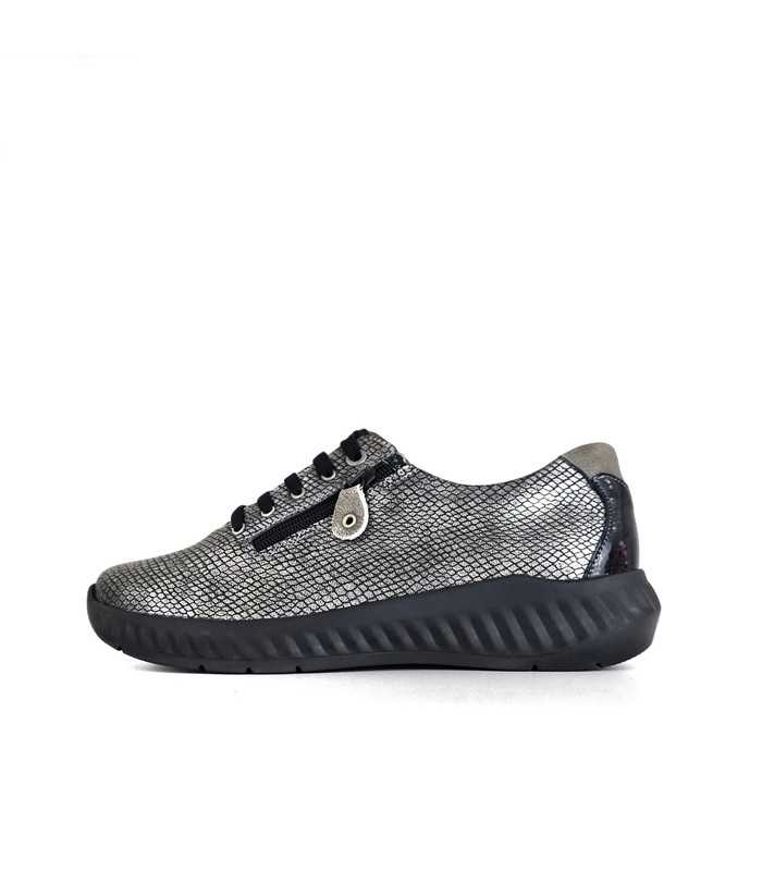 Zapato mujer Ani Suave Leyland con cordones y cremallera - vista lateral completa color plata