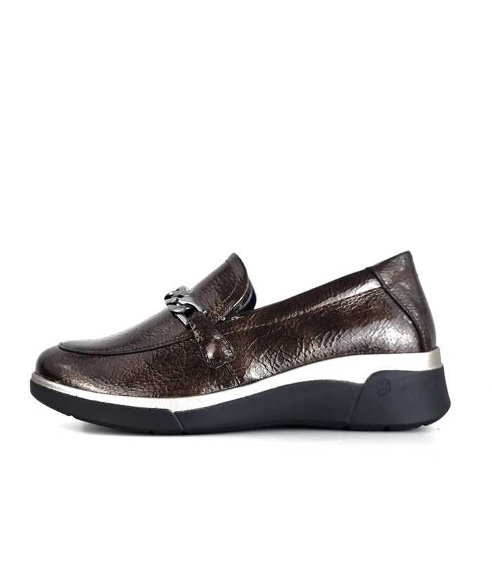 Vista lateral : Zapatos mocasínes cuña Miss en charol sintético marron oscuro con cuña bicolor