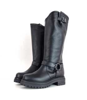 vista de semi perfil de Botas motera piel negra del coronel Tapioca de rebajas
