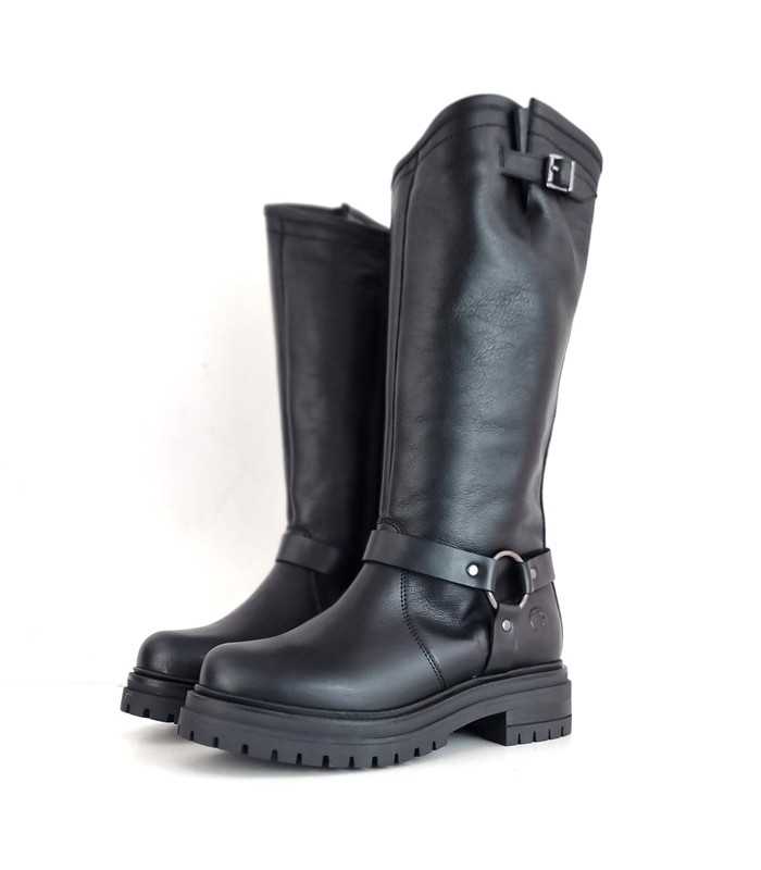 vista de semi perfil de Botas motera piel negra del coronel Tapioca de rebajas