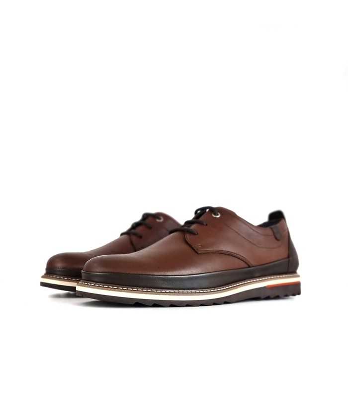 Perfil: Zapatos de cordones Zen, mostrando el corte en piel de vacuno marrón.