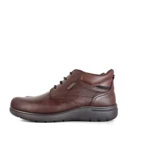 Vista de perfil del botón impermeable de piel marrón de Luisetti para hombre.