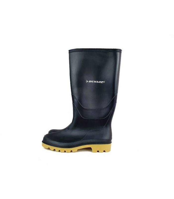 Bota de agua Vikinga negra para hombre de Dunlop con caña alta y suela antideslizante amarilla, vista de perfil.
