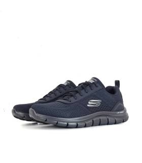 Vista de medio perfil de las zapatillas Skechers Track Leshur negras con cordones.