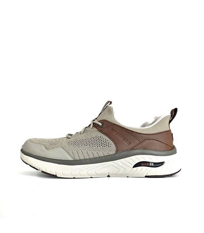 Vista Lateral: Zapatillas Skechers Arch Fit Emeric para hombre en color beige.