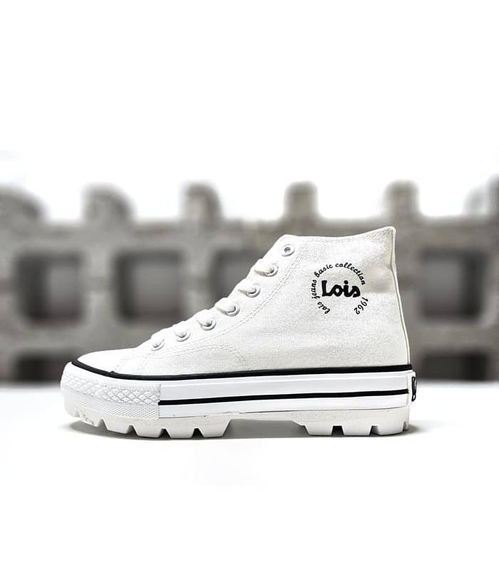 Botas casual de lona blanca con suela resistente y diseño urbano, vista de perfil