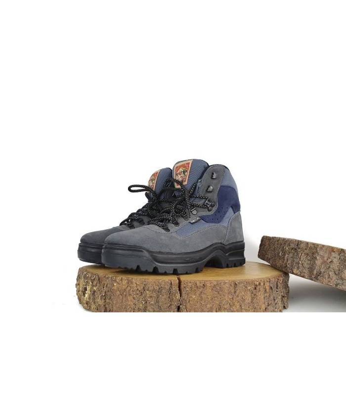 Vista lateral: Bota trekking mujer Notton en piel serraje azul con cordura.