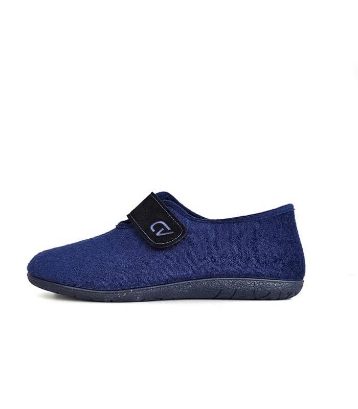 Vista de perfil de zapatilla de hombre para verano en tela de toalla azul