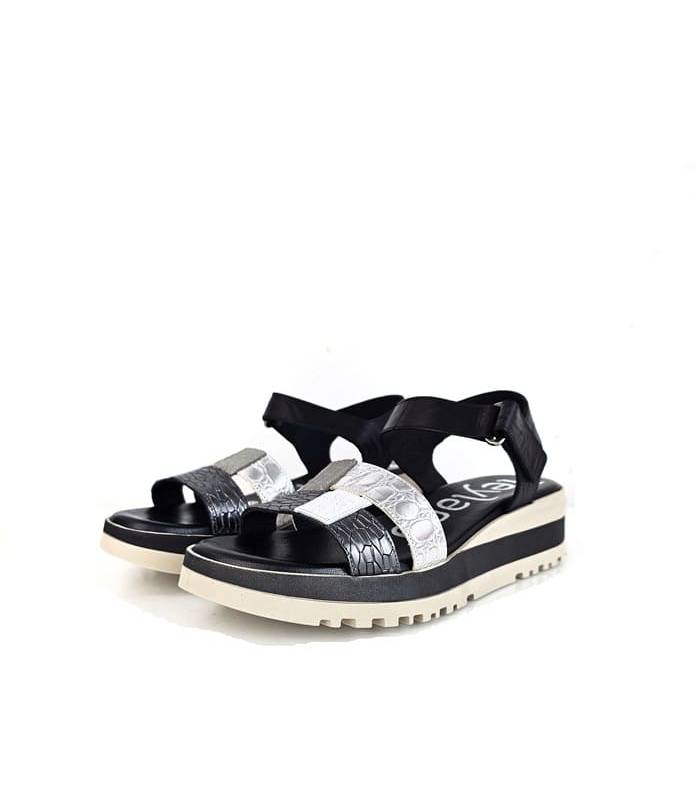 sandalias plataforma mujer piel negra plata medio perfil Suave