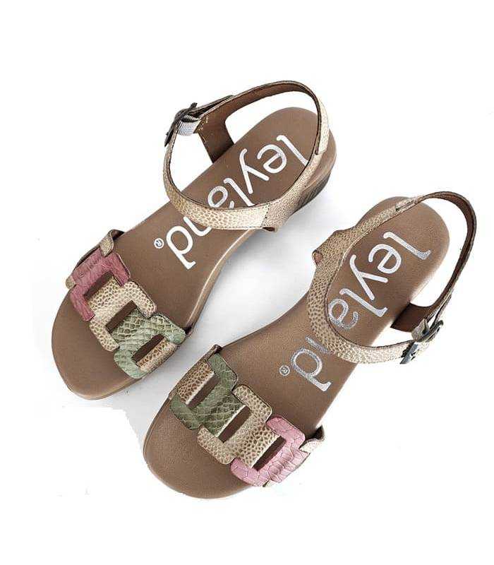 Vista superior de Sandalias mujer tacón medio Suave en piel rosa, oro y verde