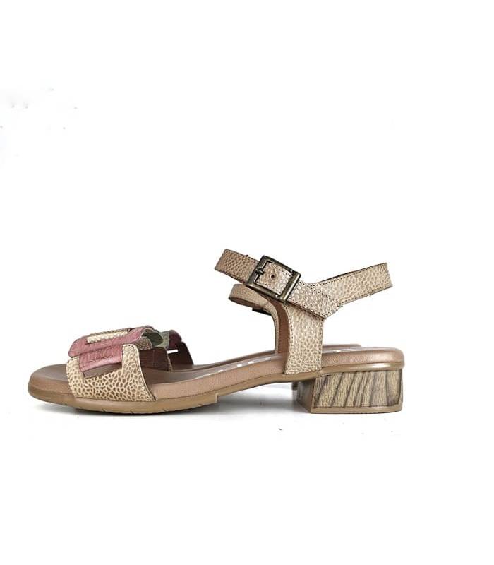 Sandalia mujer tacón medio Suave en piel rosa, oro y verde vista lateral